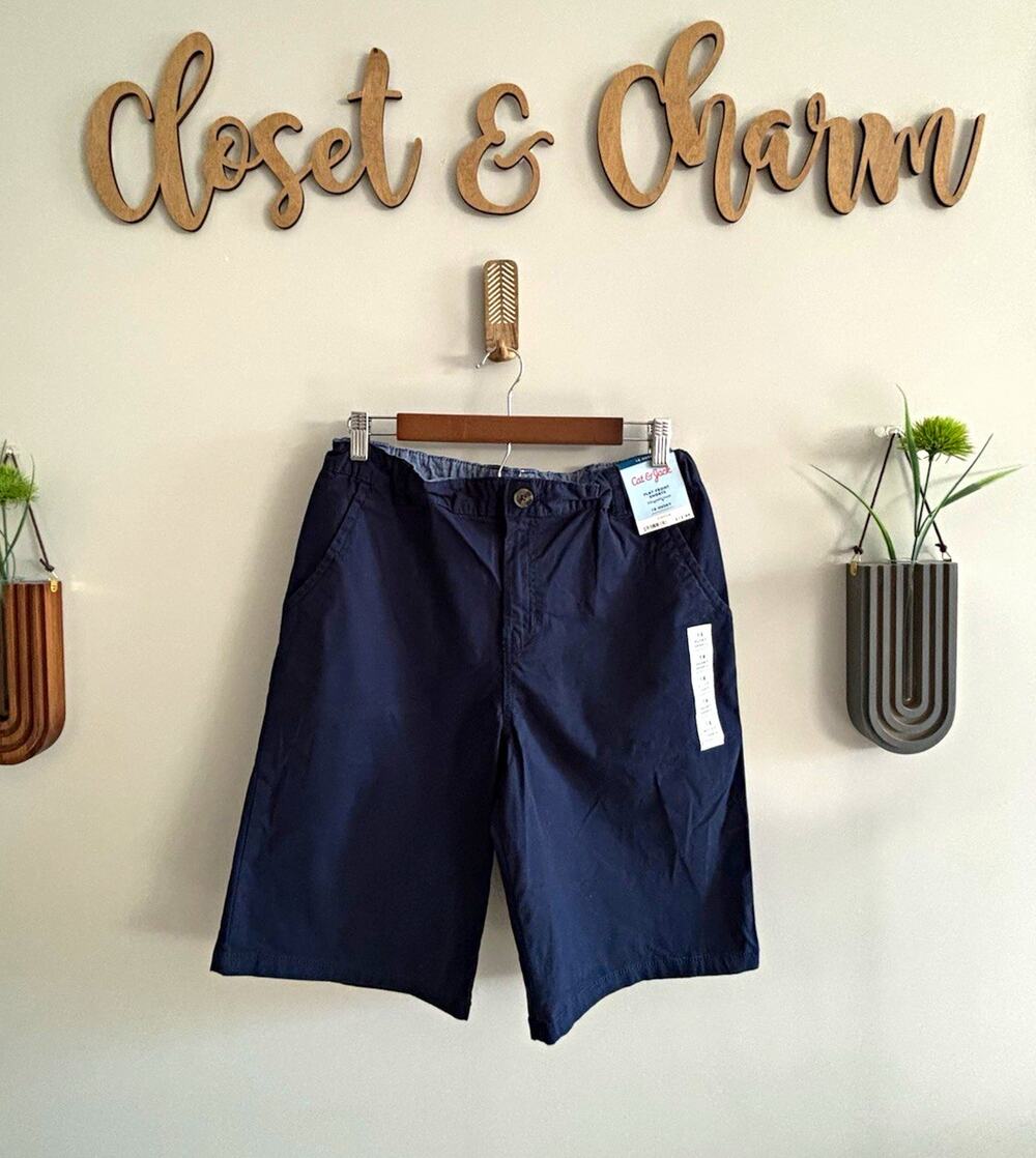Cat & Jack Boys Flat-Front Navy Stretch Shorts 18 Husky Adjustable Waist Pockets